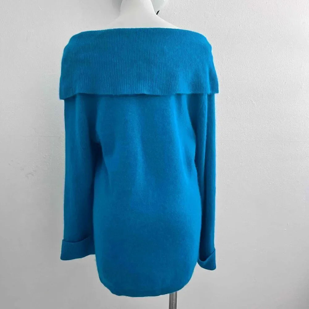 NEW Cowl Neck wool Sweater Angora Lamb MEDIUM Blue Long Sleeve Cozy